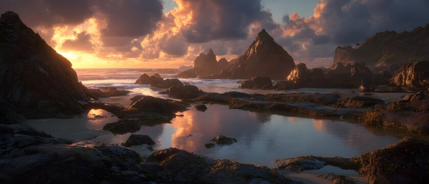 Dramatic sunset over a rocky coastal landscape with calm water reflecting the sky