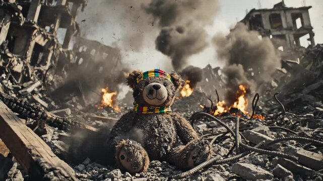 Teddy Bear Amidst Destruction - A Symbol of Resilience and Hope.