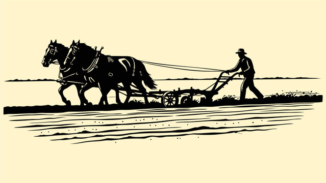 Vintage Woodcut Illustration of Farmer Plowing Field with Horse Team Agriculture