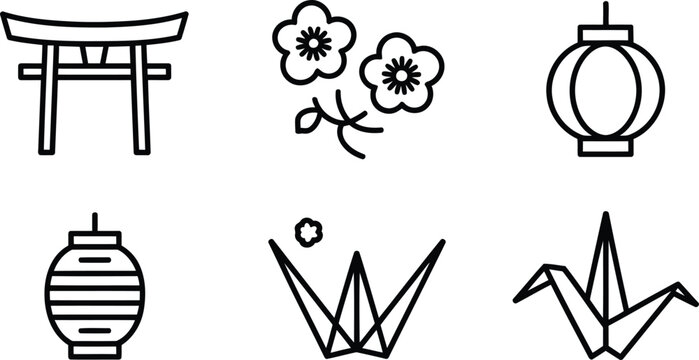 Six Japanese cultural icons: torii gate, cherry blossoms, paper lantern, origami,