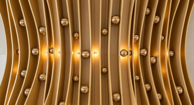 Curved golden panel with spherical light fixture, creating an artistic and elegant structure, representing luxury and modernity for interior design