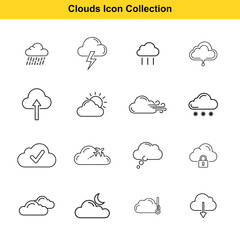 Fototapeta premium Clouds Line Icons Collection Set, Rain Snow Thunder Wind Upload Download Weather Minimal Outline Vector Pack for Web and App Design