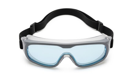 Protective safety goggles in modern design with clear lenses and black strap in studio lighting for industrial use