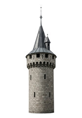 Fototapeta premium majestic cylindrical medieval castle turret of weathered gray granite blocks, dark conical roof, isolated on transparent background with zero shadows concept for architectural product catalog
