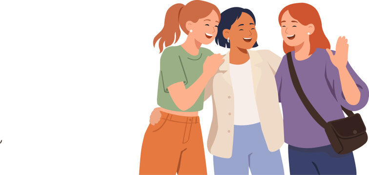 Group of three friends enjoying time together, sharing smiles and laughter, all dressed casually, in a light-hearted moment