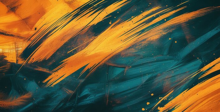 Energetic Orange and Teal Abstract Paint Strokes with Textured Splatter Background