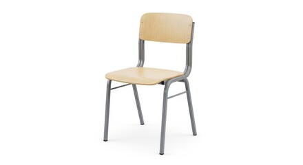 Modern Minimalist Chair with Wooden Seat and Backrest in Gray Metal Frame on White Background for Furniture Catalog