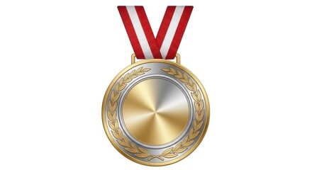 Golden Medal with Red Ribbon in Elegant Design with Metallic Finish on Isolated White Background for Award Template