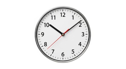 Modern wall clock with black numbers and red second hand in sharp studio lighting on white background for time management
