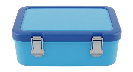 Lunch Box in Modern Design with Blue Color and Metal Clasp in Studio Lighting for Outdoor Use
