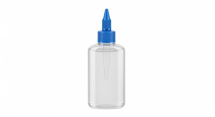 Clear plastic dropper bottle with blue cap in studio lighting on white background for product packaging