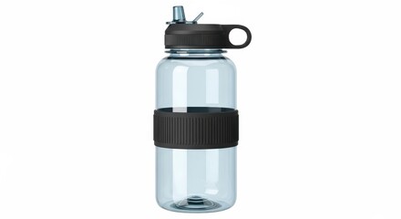 Clear Water Bottle with Black Lid and Grip in Modern Minimalist Design with Soft Natural Lighting for Outdoor Use