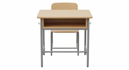 Modern school desk with wooden top and metal frame in minimalist style with soft natural lighting for educational setting