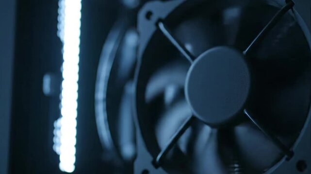 High-Tech Component Detail Isolated, clean shot of a single cooling fan spinning, focused on engineering.