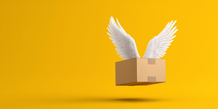 Unbranded cardboard shipping box with white dove wings suspended against a bright mustard yellow background symbolizing an ultra fast international delivery and modern ecommerce concept.