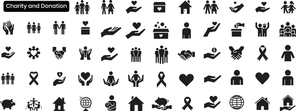 Comprehensive collection of 50 solid black icons representing charity, donation, community support, and humanitarian aid.