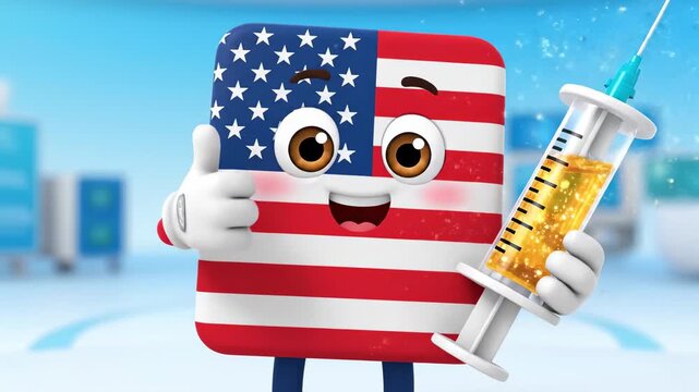 American Flag Cartoon Character Holding Syringe for Vaccination.