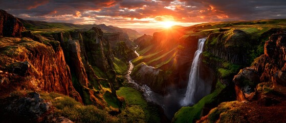 Dramatic sunset over a deep canyon with a cascading waterfall and river