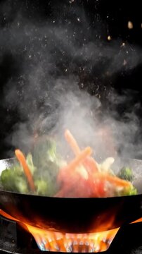 Sizzling wok cooking broccoli and carrots in hot oil, steam rising over a dark kitchen burner - close-up photo view