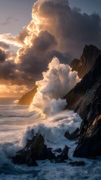 Dramatic waves crash against rugged cliffs during a vibrant sunset with golden light illuminating the stormy sky