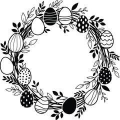 Beautiful black and white outline vector illustration featuring an artistic circular wreath composed entirely of decorative easter eggs and foliage elements for spring celebrations.