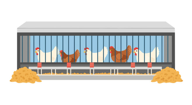 Chickens in a modern cage system for poultry farming.