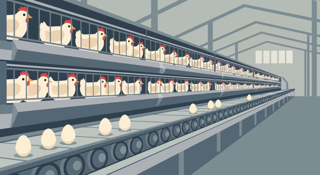 Chickens in cages on a modern egg farm with eggs on a conveyor belt.