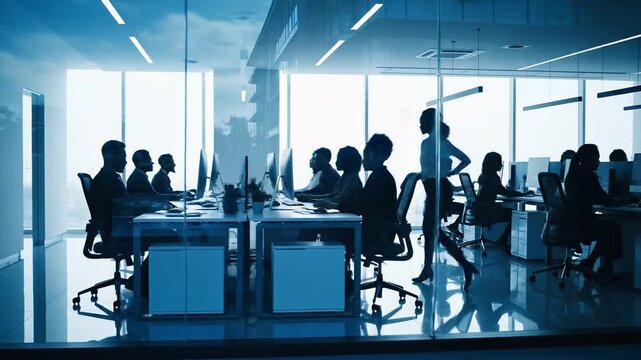 Modern office interior with people working on computers in blue tone