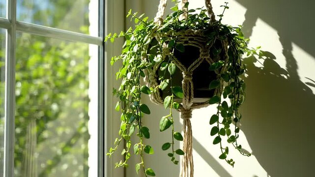 A hanging plant in a macrame holder casts shadows on a wall near a window.