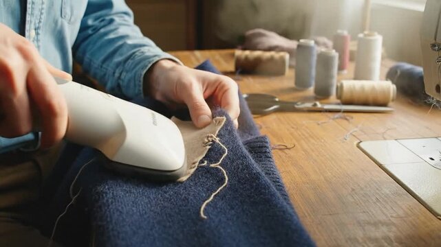 A young adult man with fair skin and a denim shirt is sewing a patch onto a blue sweater by hand and then using a handheld steamer at his workshop.