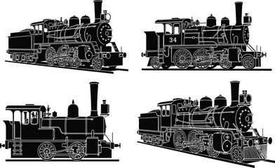 Vintage steam train locomotive silhouette set, antique railway engine vector illustration collection isolated on white background for transportation design © Raihan