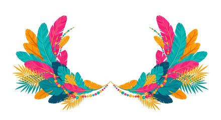 Vibrant Feathered Design Elements Arranged Symmetrically with Colorful Ornaments and Decorative Motifs