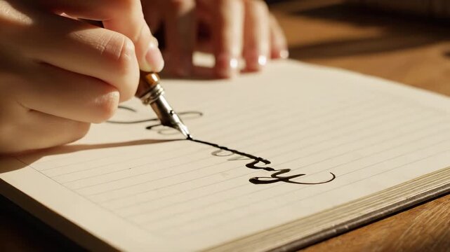 Close up of hand writing with a calligraphy pen on paper.