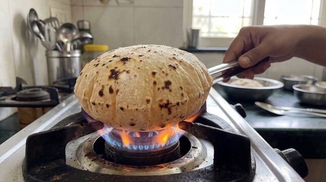 Fresh Roti Puffing on a Gas Stove Flame