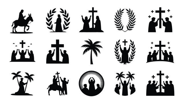 Palm sunday logo and symbol bundle featuring christian crosses palm trees and jesus christ silhouette icons for easter and religious celebrations