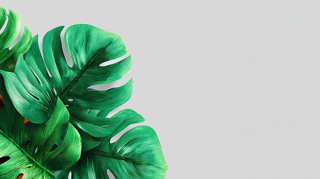Lush tropical leaves clustered in a vibrant green corner display against a light gray backdrop.