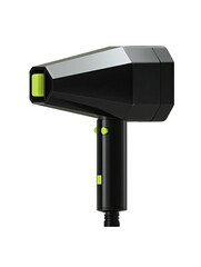 Sleek black hairdryer with geometric design and neon green accents, isolated