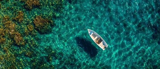 An aerial view of a small boat floating on clear turquoise water near a rocky coastline