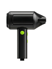 Black handheld massage gun tool, with green button, sleek cylindrical design