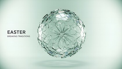 Easter egg breaking traditions crystal glass decorative object with facets and sharp edges on light green background