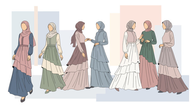 Diverse Group of Muslim Women in Elegant Hijabs and Modest Dresses.