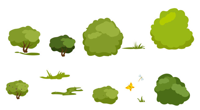 Bushes with lush greenery and grass, simple drawing. Vector illustration. Silhouette of forest summer thickets of grass, butterflies and dragonflies, isolated on a white background