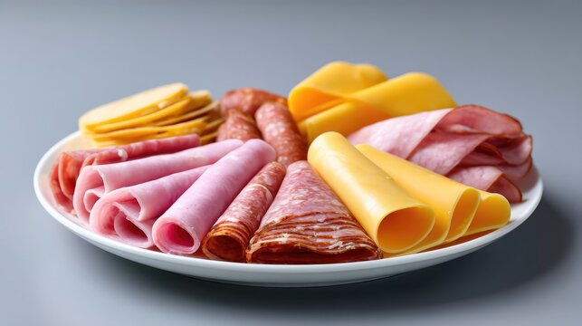 Assorted Delicacies of Sliced Meats and Cheeses on a White Plate Against a Neutral Background Ideal for Culinary and Food Photography