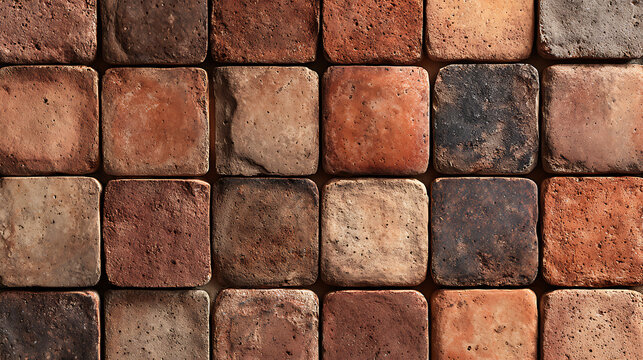 Rustic terracotta tile texture background featuring weathered square clay blocks in earthy brown and red tones for architectural design and vintage surface patterns