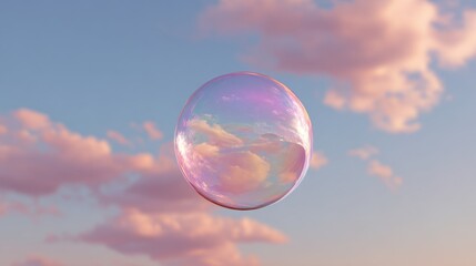 A mesmerizing bubble floating in the sky, reflecting a beautiful sky with fluffy clouds. A perfect moment that is both delicate and ethereal. 