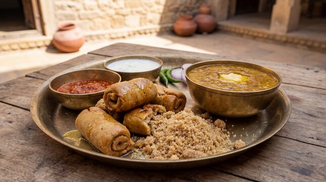 Rajasthani Dal Baati Churma: Authentic Indian Thali Meal on Rustic Table