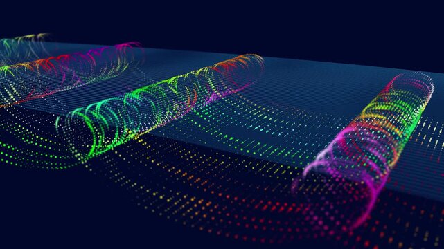 Abstract futuristic flow of color dots in swirling spiral with lines in cyberspace . Technology concept structure bridge data in abstract design. Transition data and transfer of information.