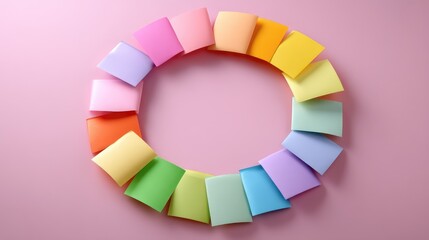 Fototapeta premium Colorful Sticky Notes Arranged in a Circle on a Soft Pink Background for Creative and Organizational Concepts