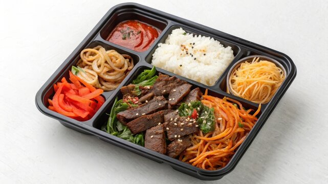 Prepare a minimalist korean dosirak lunch box with bulgogi beef kimchi seaweed rice and japchae noodles for a delightful meal experience