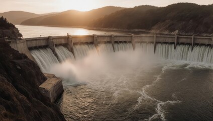 Scenic Dam Overflowing with Water at Sunset in Mountainous Landscape.
